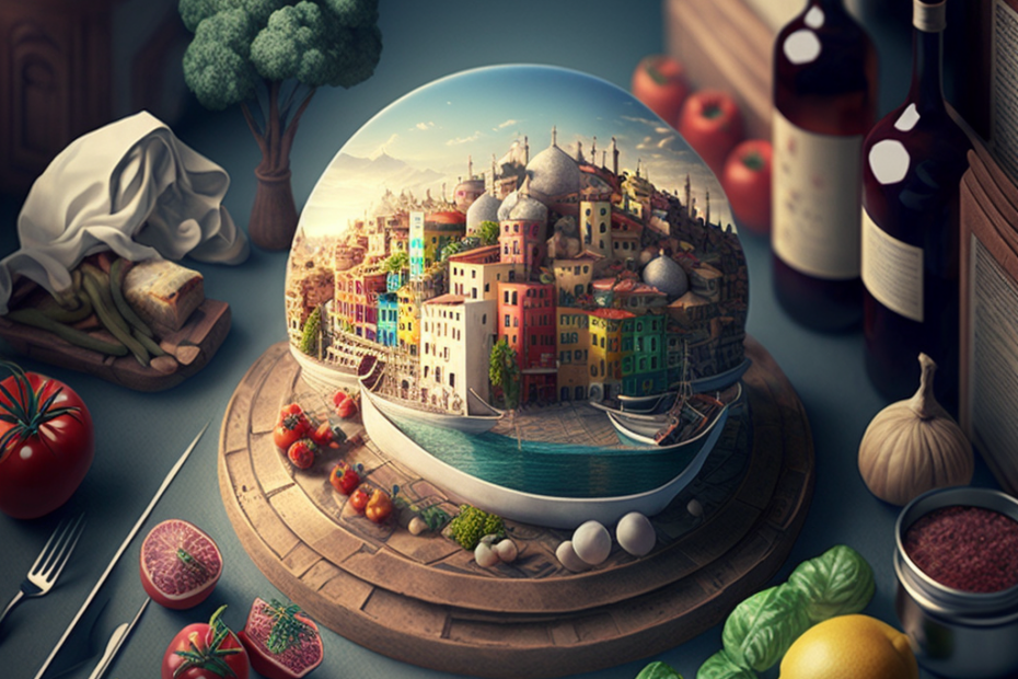 city in a glass bowl and food around