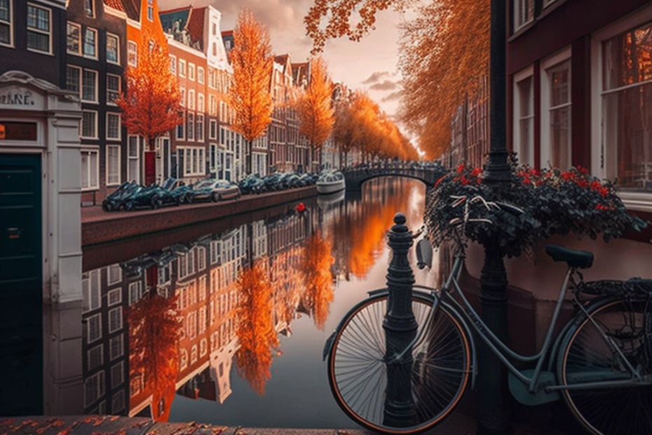 water channel in the city and bicycle in the foreground