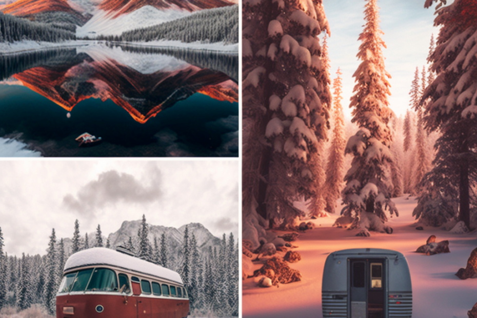 snow-covered mountains, forests, bus