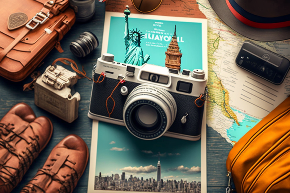 camera, postcard and various travel accessories